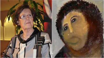 A la izquierda, una imagen de archivo de Cecilia Giménez. A la derecha, el Ecce Homo de Borja. A la izquierda, una imagen de archivo de Cecilia Giménez. A la derecha, el Ecce Homo de Borja.