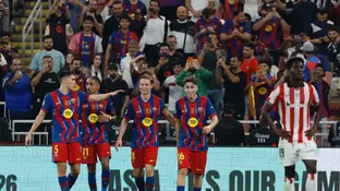 Los jugadores del Barcelona celebran un gol ante el Athletic en Yeda Los jugadores del Barcelona celebran un gol ante el Athletic en Yeda