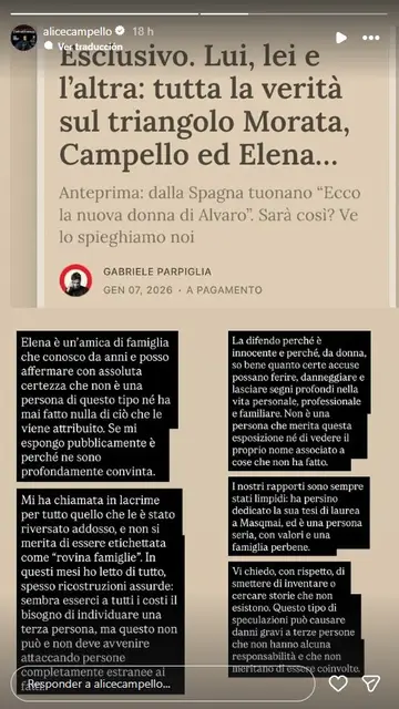 Alice Campello lanza un comunicado en redes sociales Alice Campello lanza un comunicado en redes sociales