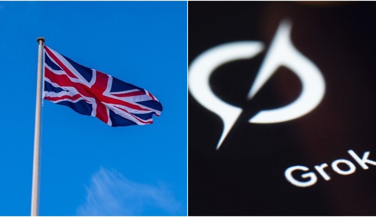A la izquierda, una bandera de Reino Unido, a la derecha, el logotipo de Grok, la IA de X