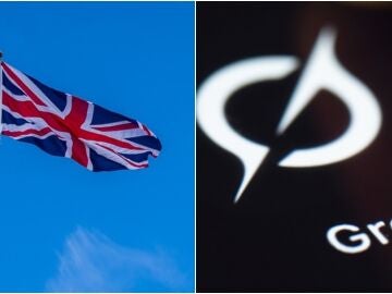A la izquierda, una bandera de Reino Unido, a la derecha, el logotipo de Grok, la IA de X