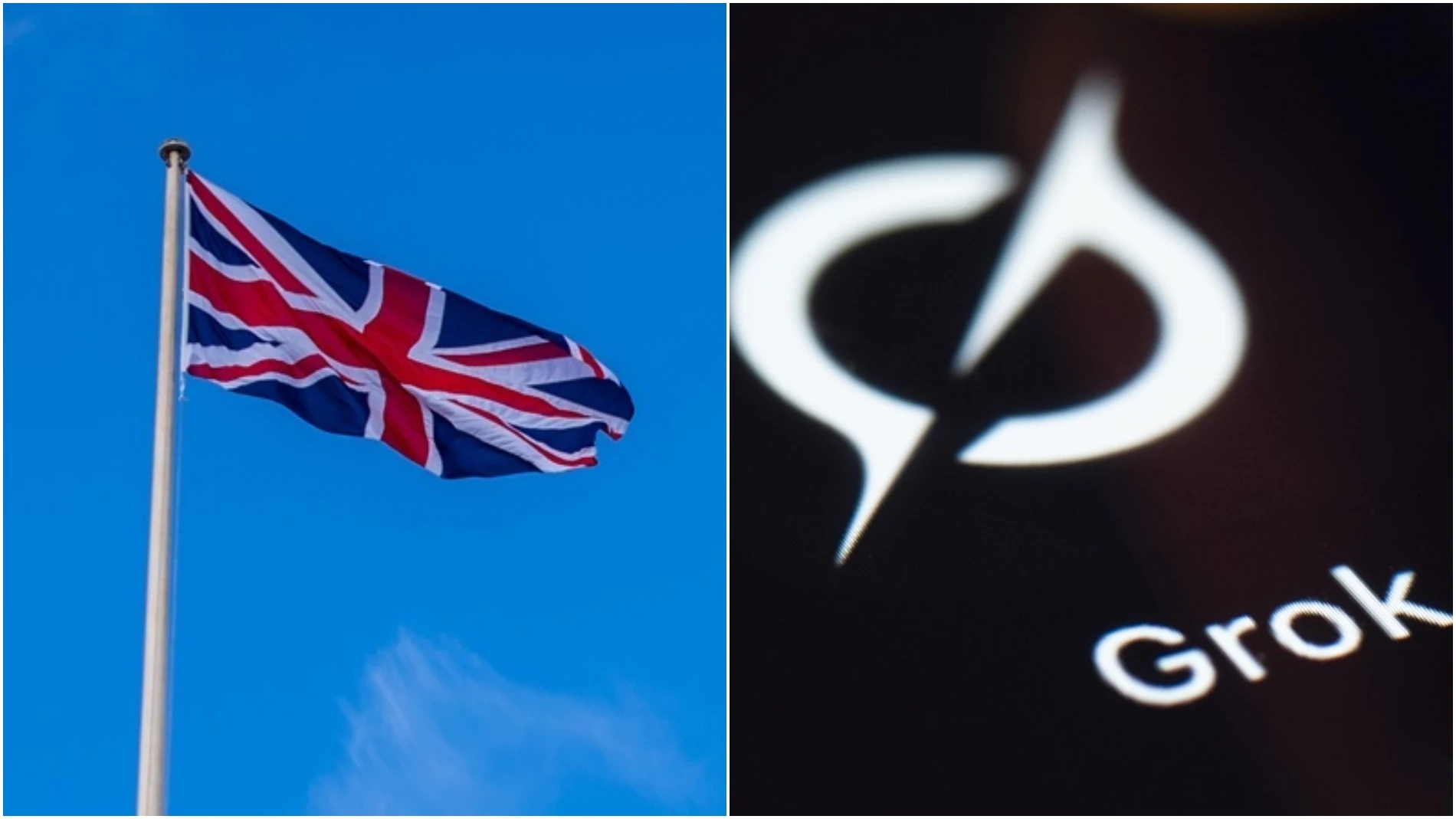 A la izquierda, una bandera de Reino Unido, a la derecha, el logotipo de Grok, la IA de X A la izquierda, una bandera de Reino Unido, a la derecha, el logotipo de Grok, la IA de X