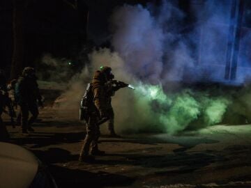 Agentes federales de inmigraci&oacute;n lanzan gas lacrim&oacute;geno en un barrio residencial mientras se retiran de una multitud durante una protesta tras el tiroteo de agentes federales contra dos personas en Minneapolis, Minnesota,