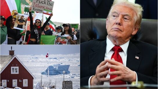 Donald Trump, junto a una imagen de Groenlandia y otra de las protestas en Ir&aacute;n
