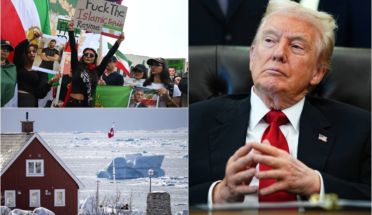 Donald Trump, junto a una imagen de Groenlandia y otra de las protestas en Irán