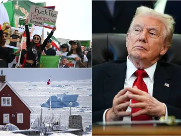 Donald Trump, junto a una imagen de Groenlandia y otra de las protestas en Irán Donald Trump, junto a una imagen de Groenlandia y otra de las protestas en Irán