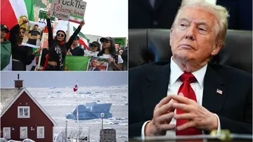 Donald Trump, junto a una imagen de Groenlandia y otra de las protestas en Irán Donald Trump, junto a una imagen de Groenlandia y otra de las protestas en Irán