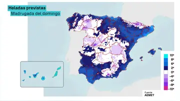 Imagen de las heladas previstas para la madrugada del domingo. Imagen de las heladas previstas para la madrugada del domingo.