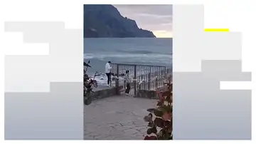 Dos personas se saltan el vallado de seguridad que da acceso a una playa cerrada por oleaje Dos personas se saltan el vallado de seguridad que da acceso a una playa cerrada por oleaje