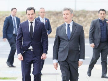 Juanma Moreno y Feij&oacute;o a su llegada al funeral en Huelva