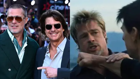 Brad Pitt y Tom Cruise junto a una escena de un vídeo generado por IA Brad Pitt y Tom Cruise junto a una escena de un vídeo generado por IA