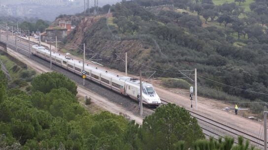 Imagen de un tren pasando por el tramo de v&iacute;a restaurada en Adamuz