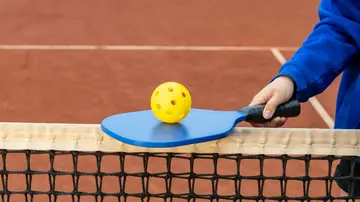 Raqueta y pelota de pickleball sobre la red Raqueta y pelota de pickleball sobre la red