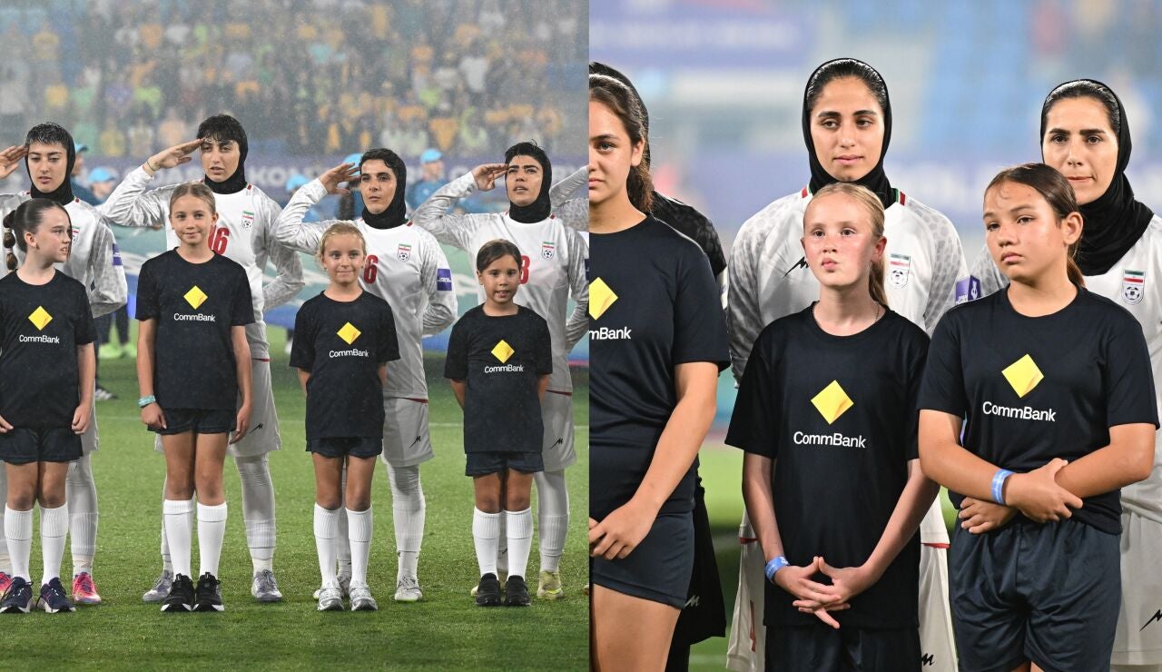 Las futbolistas de Ir&aacute;n antes de los partidos ante Australia (i) y Corea del Sur (d)