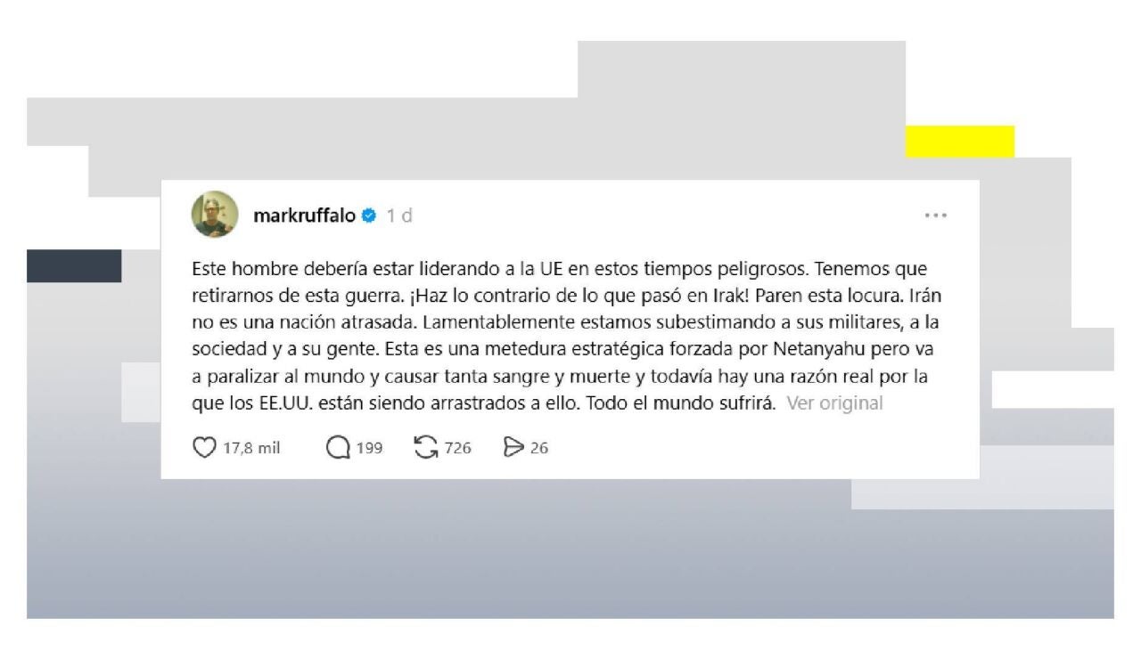 El actor Mark Ruffalo considera que Pedro S&aacute;nchez "deber&iacute;a estar liderando a la UE" tras su 'no' a la guerra