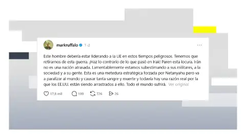 El actor Mark Ruffalo considera que Pedro Sánchez "debería estar liderando a la UE" tras su 'no' a la guerra El actor Mark Ruffalo considera que Pedro Sánchez "debería estar liderando a la UE" tras su 'no' a la guerra