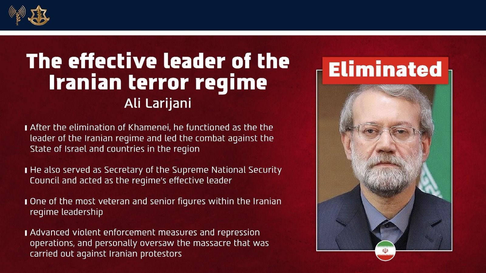 Israel anuncia la muerte de Ali Lariyani, secretario del Consejo Supremo de Seguridad iraní y confirma la del comandante de la fuerza paramilitar Basij
