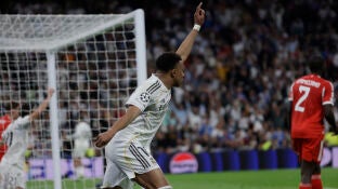 Mbapp&eacute; tras marcar el 1-2 en el Real Madrid-Bayern