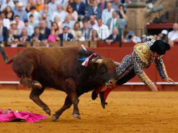 El diestro Morante de la Puebla sufre una cogida durante la novena corrida de la Feria de Abril de Sevilla con reses de la ganadería de Hermanos García Jiménez El diestro Morante de la Puebla sufre una cogida durante la novena corrida de la Feria de Abril de Sevilla con reses de la ganadería de Hermanos García Jiménez