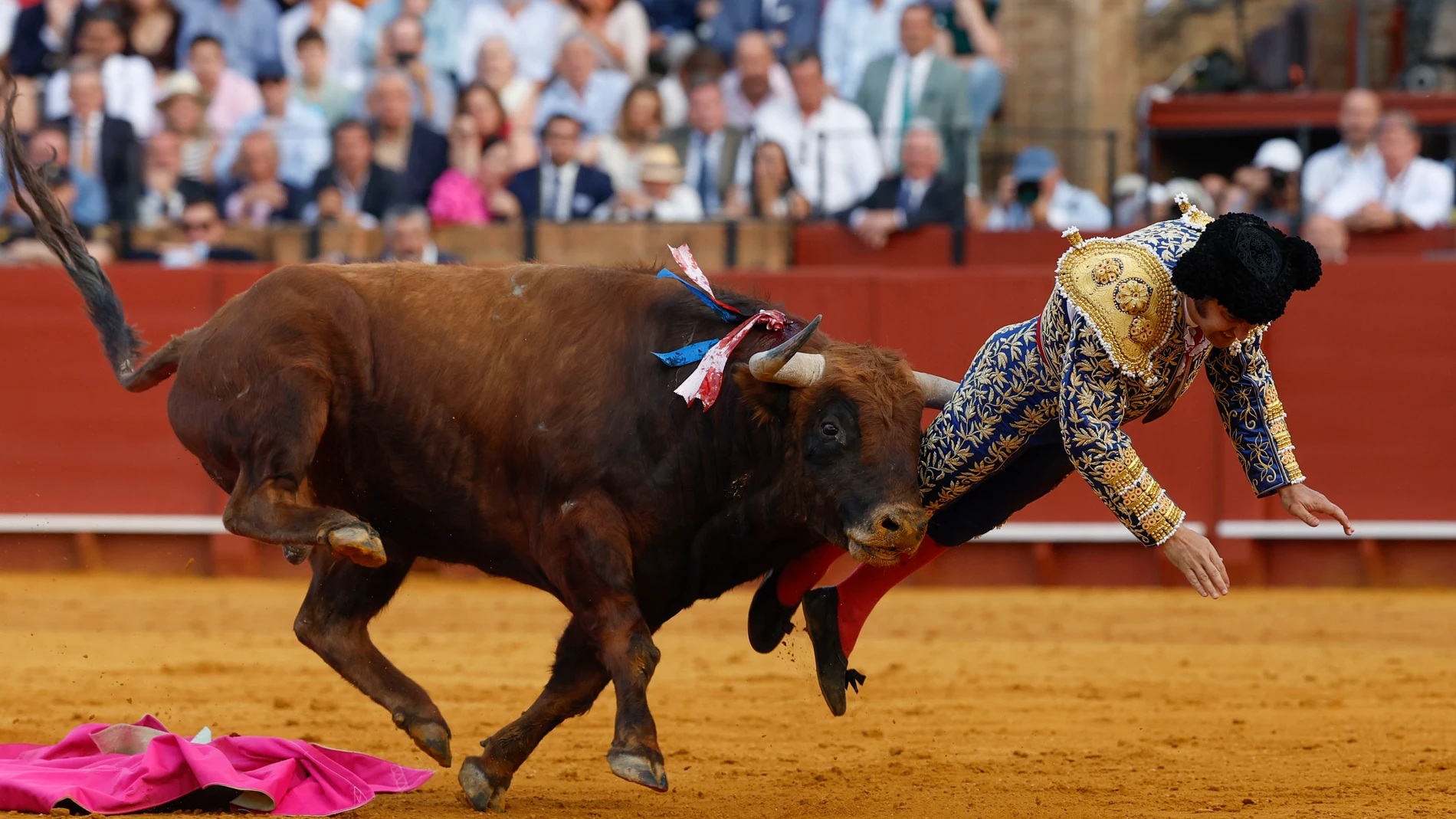 El diestro Morante de la Puebla sufre una cogida durante la novena corrida de la Feria de Abril de Sevilla con reses de la ganadería de Hermanos García Jiménez El diestro Morante de la Puebla sufre una cogida durante la novena corrida de la Feria de Abril de Sevilla con reses de la ganadería de Hermanos García Jiménez