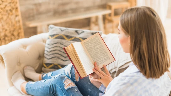 Mujer leyendo un libro en el sofá Mujer leyendo un libro en el sofá