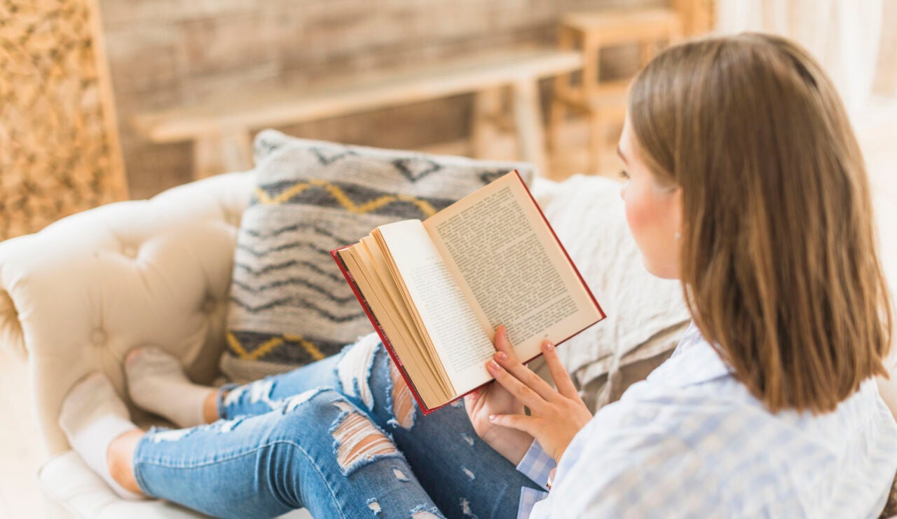 Mujer leyendo un libro en el sof&aacute;