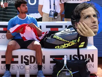 Carlos Alcaraz, en su partido ante Otto Virtanen en el Godó Carlos Alcaraz, en su partido ante Otto Virtanen en el Godó