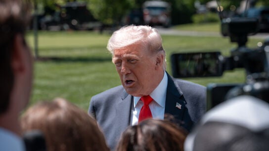 May 1, 2026, Washington, Dc, United States: US President Donald Trump arrives on the South Lawn of the White House to speak with members of the media before boarding Marine One in Washington, DC, USA, Friday, May 1, 2026. Trump voiced frustration with the current state of negotiations with Iran. Europa Press/Contacto/Andrew Leyden 01/05/2026 ONLY FOR USE IN SPAIN