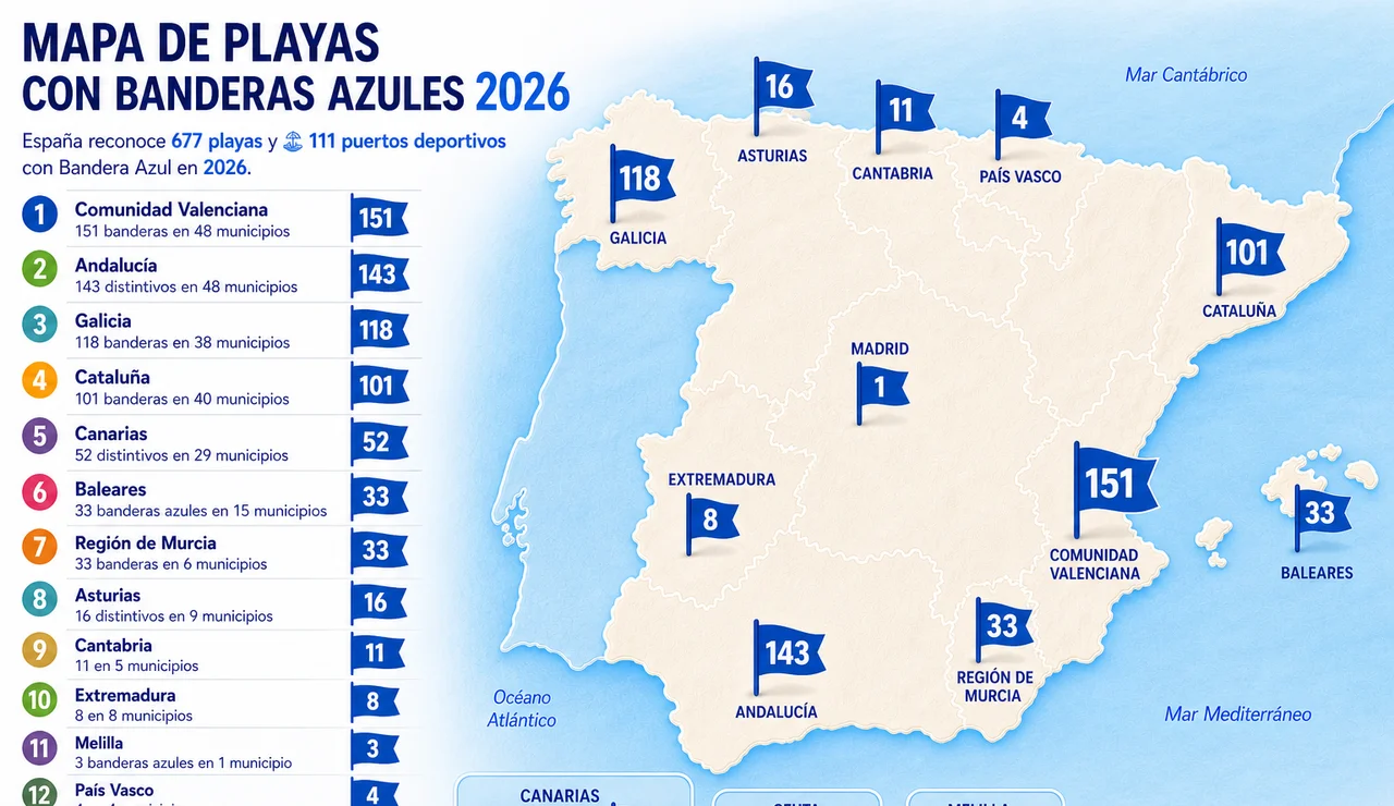Mapa de las banderas azules en 2026 creado con IA