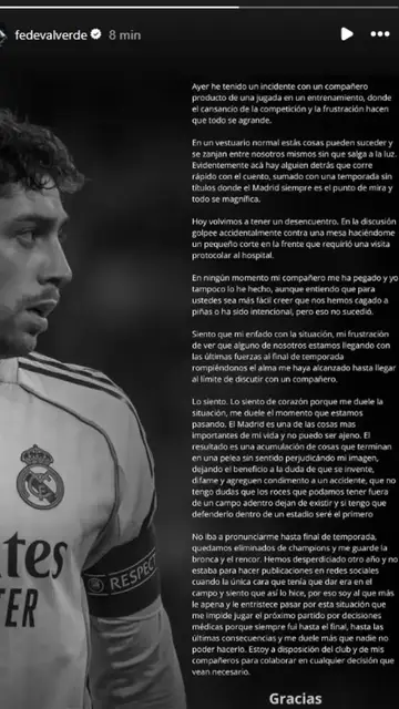 Mensaje de Fede Valverde tras su pelea con Tchouaméni Mensaje de Fede Valverde tras su pelea con Tchouaméni