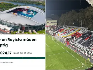 Imagen del crowfunding junto al fondo del estadio de Vallecas Imagen del crowfunding junto al fondo del estadio de Vallecas