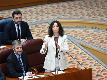 La presidenta de la Comunidad de Madrid, Isabel D&iacute;az Ayuso, interviene durante el pleno en la Asamblea de Madrid, este jueves.