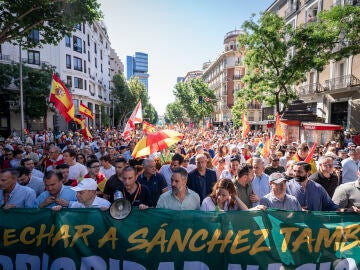 El presidente de Vox, Santiago Abascal (c), y la portavoz de Vox en la Asamblea de Madrid, Isabel P&eacute;rez Mo&ntilde;ino (4d), durante una manifestaci&oacute;n para exigir la dimisi&oacute;n del presidente del Gobierno, Pedro S&aacute;nchez