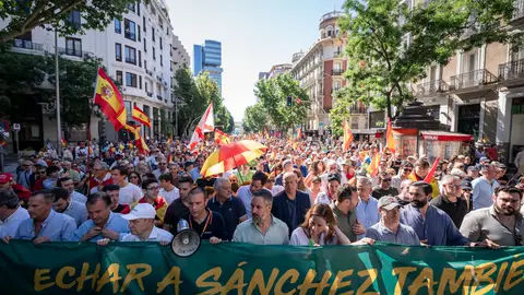 El presidente de Vox, Santiago Abascal (c), y la portavoz de Vox en la Asamblea de Madrid, Isabel Pérez Moñino (4d), durante una manifestación para exigir la dimisión del presidente del Gobierno, Pedro Sánchez El presidente de Vox, Santiago Abascal (c), y la portavoz de Vox en la Asamblea de Madrid, Isabel Pérez Moñino (4d), durante una manifestación para exigir la dimisión del presidente del Gobierno, Pedro Sánchez