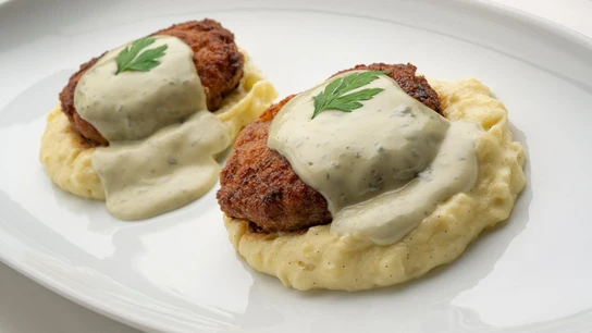 Polpette con puré de patata dulce y salsa de queso Polpette con puré de patata dulce y salsa de queso