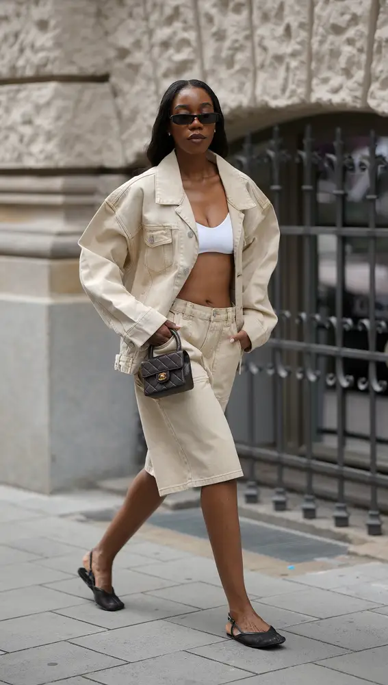 Look denim en color crema Look denim en color crema