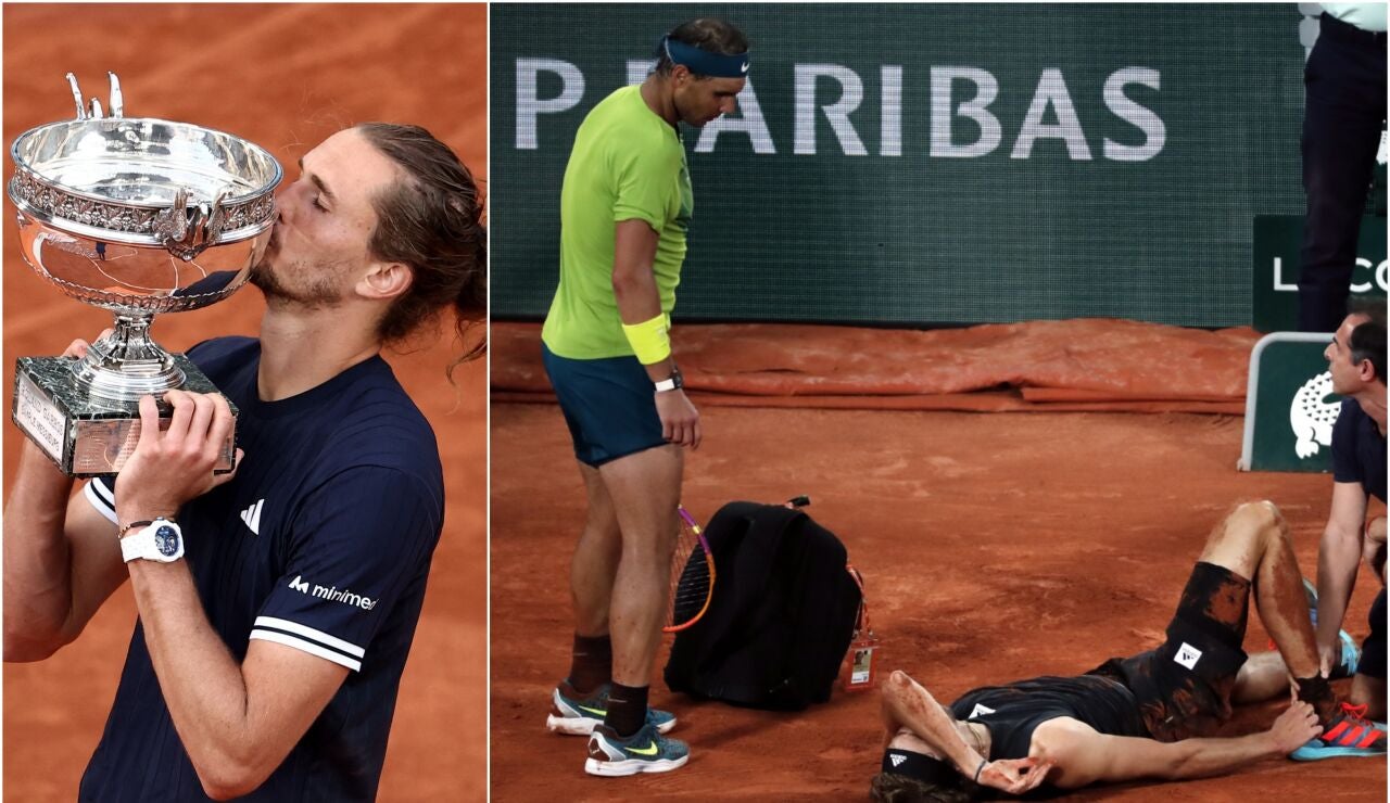 Imagen de Zverev ganando Roland Garros 2026 (izquierda) y Zverev, lesionado ante Nadal en 2022 (derecha)