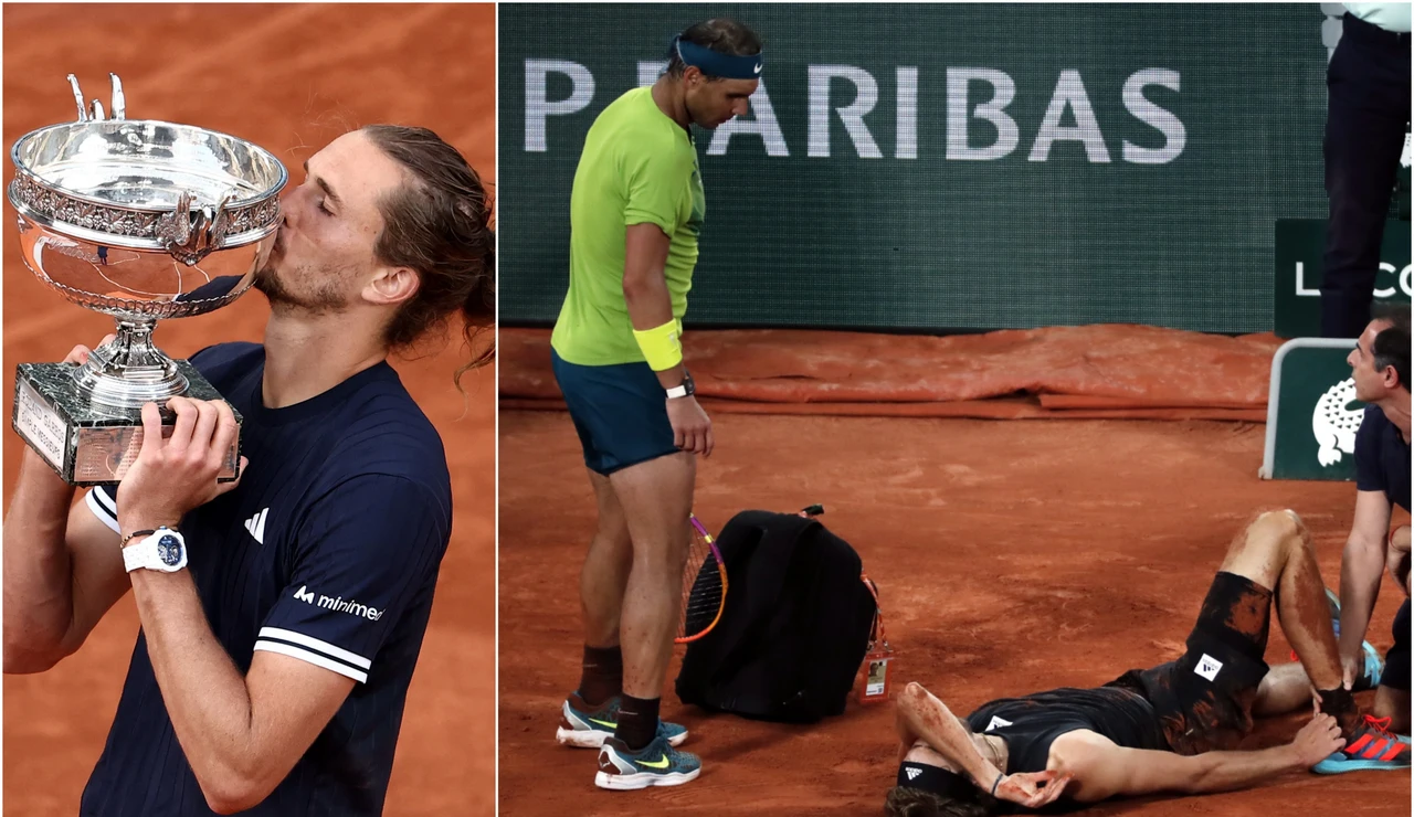 Imagen de Zverev ganando Roland Garros 2026 (izquierda) y Zverev, lesionado ante Nadal en 2022 (derecha)