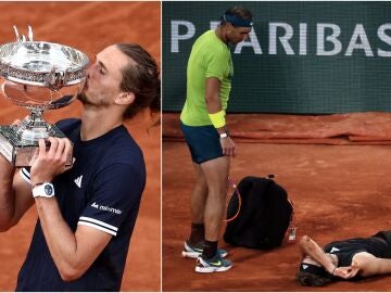 Imagen de Zverev ganando Roland Garros 2026 (izquierda) y Zverev, lesionado ante Nadal en 2022 (derecha)