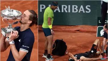 Imagen de Zverev ganando Roland Garros 2026 (izquierda) y Zverev, lesionado ante Nadal en 2022 (derecha) Imagen de Zverev ganando Roland Garros 2026 (izquierda) y Zverev, lesionado ante Nadal en 2022 (derecha)
