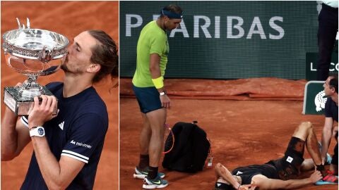 Imagen de Zverev ganando Roland Garros 2026 (izquierda) y Zverev, lesionado ante Nadal en 2022 (derecha)
