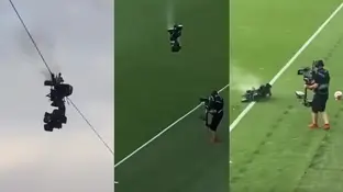 Momento en el que cae la spidercam en el césped de Nagyerdei Stadion de Debrecen Momento en el que cae la spidercam en el césped de Nagyerdei Stadion de Debrecen