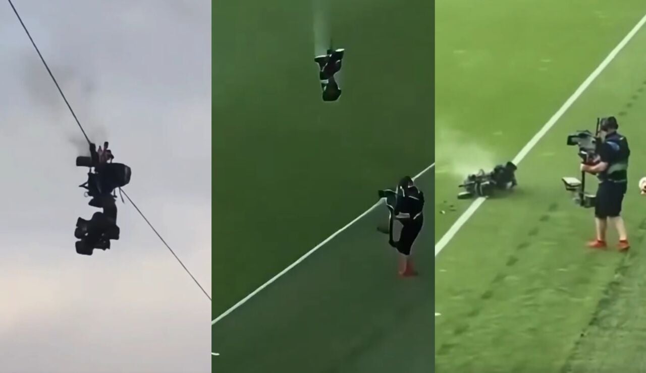 Momento en el que cae la spidercam en el c&eacute;sped de Nagyerdei Stadion de Debrecen