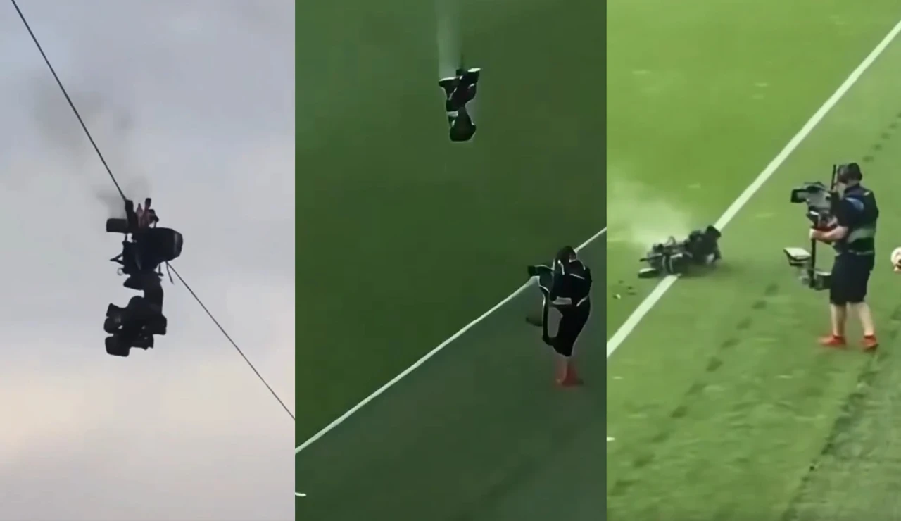 Momento en el que cae la spidercam en el césped de Nagyerdei Stadion de Debrecen