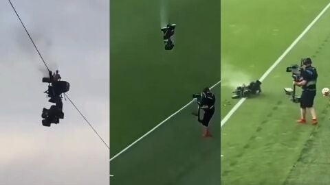 Momento en el que cae la spidercam en el c&eacute;sped de Nagyerdei Stadion de Debrecen