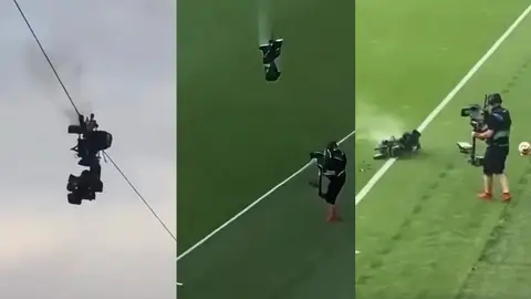 Momento en el que cae la spidercam en el césped de Nagyerdei Stadion de Debrecen Momento en el que cae la spidercam en el césped de Nagyerdei Stadion de Debrecen