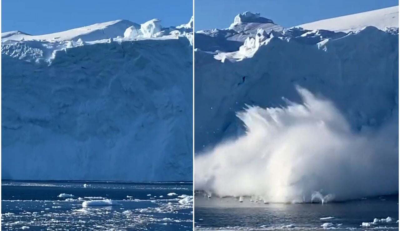 Momento del derrumbe de un iceberg en Groenlandia