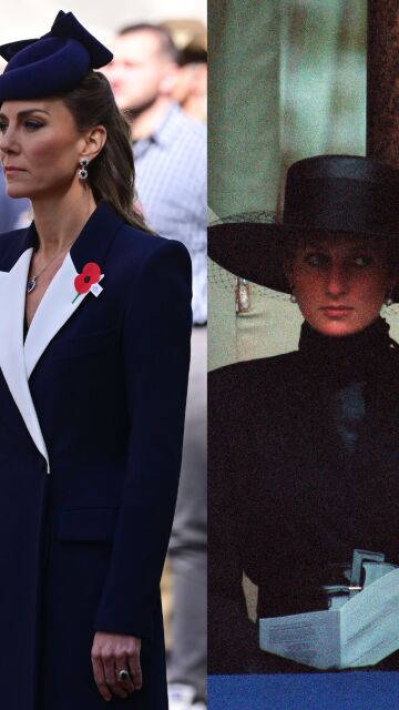 Kate Middleton y Diana Spencer con un traje oscuro y un pin parecido