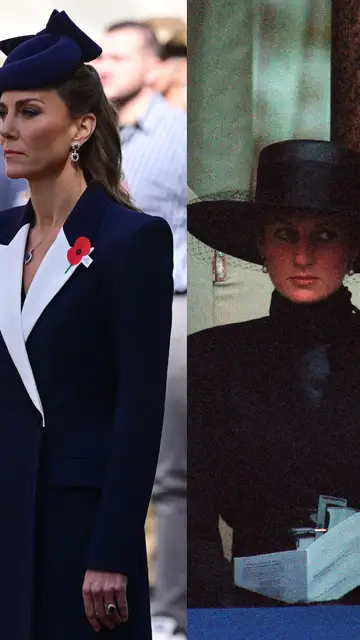 Kate Middleton y Diana Spencer con un traje oscuro y un pin parecido Kate Middleton y Diana Spencer con un traje oscuro y un pin parecido