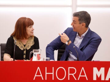 Imagen del presidente del Gobierno y secretario general del PSOE, Pedro S&aacute;nchez, conversa con la presidenta del partido, Cristina Narbona